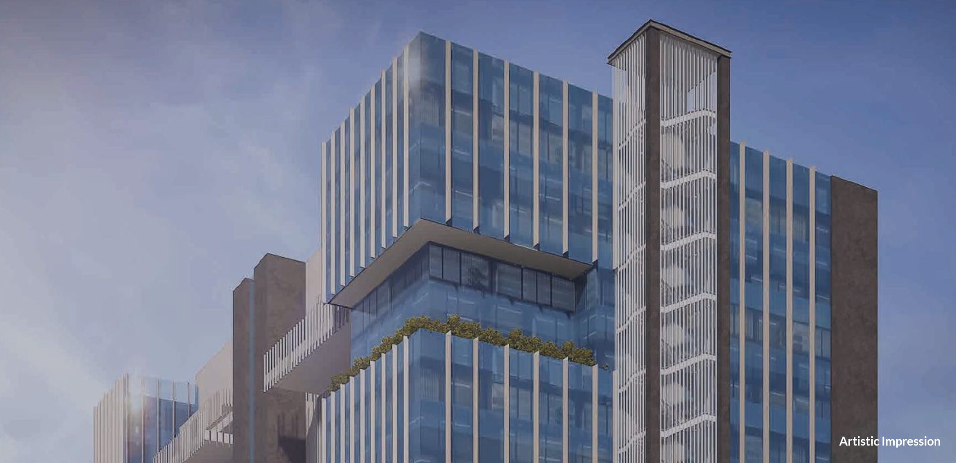 Artistic impression of Stellar 1422, glass and stone office building